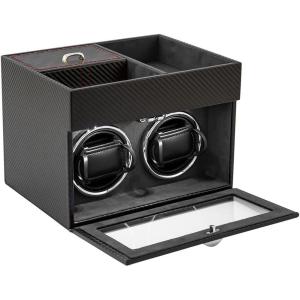 imageAutomatic Double Watch Winder  Watch Winder with 8 Extra Storage Display BoxJapanese Quiet MotorLED Light Adjustable Watch PillowsAC Adapter Carbon Fiber LeatherGrey