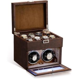 imageAutomatic Watch WinderDouble Watch Winder and 8 Extra Storage Display Box with LED LightJapanese Quiet MotorAdjustable Watch PillowsAC AdapterFathers Day Gift for MenBrown