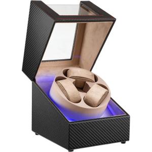 imageWatch Winder for Automatic Watches3 Watch Winder with LED Light and 4 ModesAutomatic Watch Winder Box with Super Quiet MotorWatch Shark for Man WomenUSB Type CBlack Carbon Fiber Leather